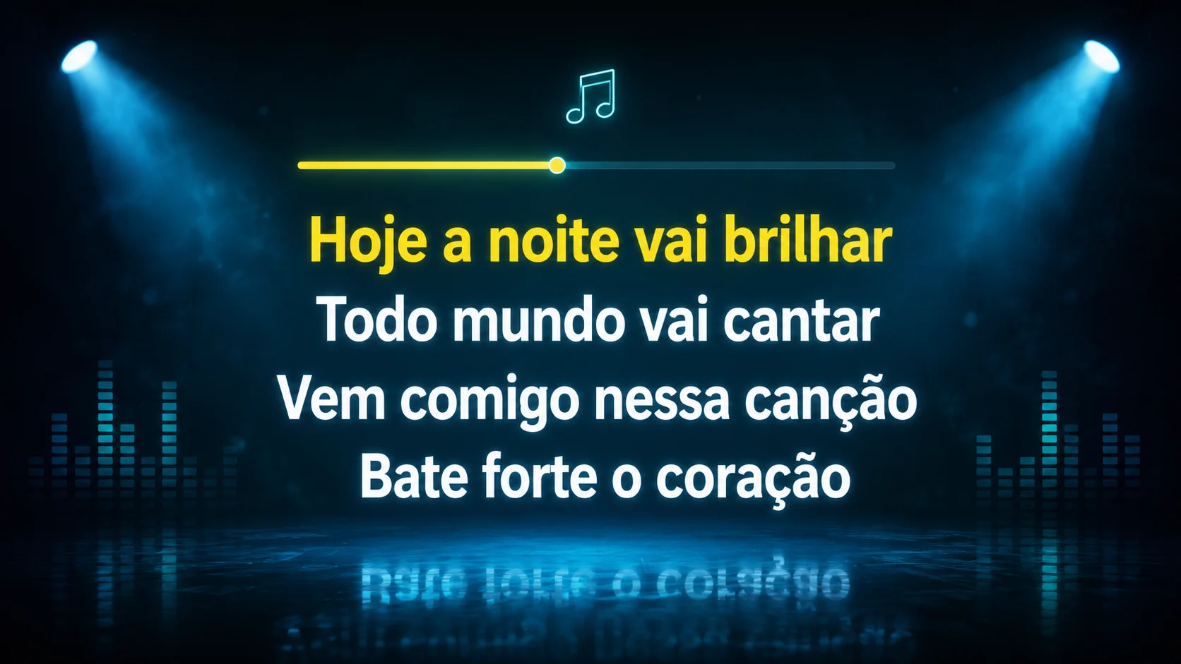 Tela de TV com letra de música em estilo karaokê